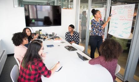 six woman standing and siting inside the room