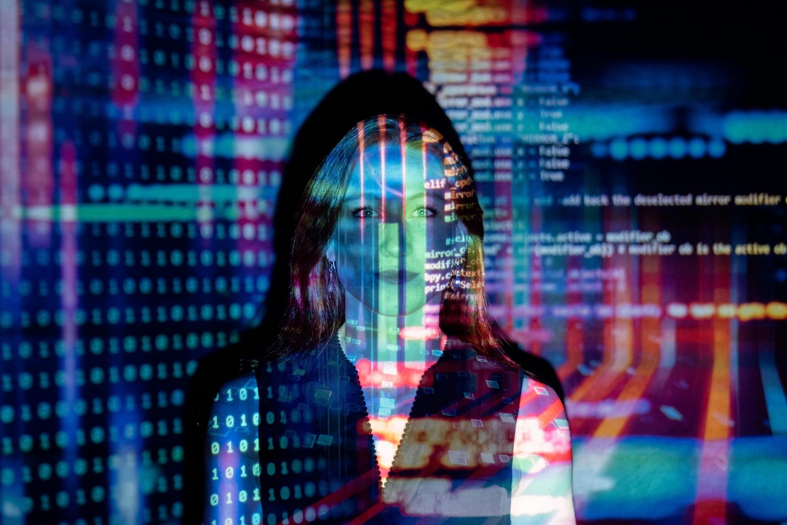 Code projected over woman